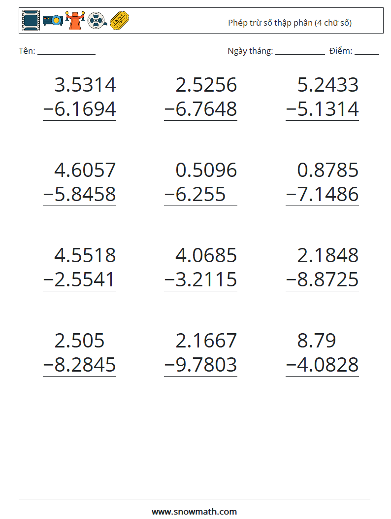 (12) Phép trừ số thập phân (4 chữ số) Bảng tính toán học 11
