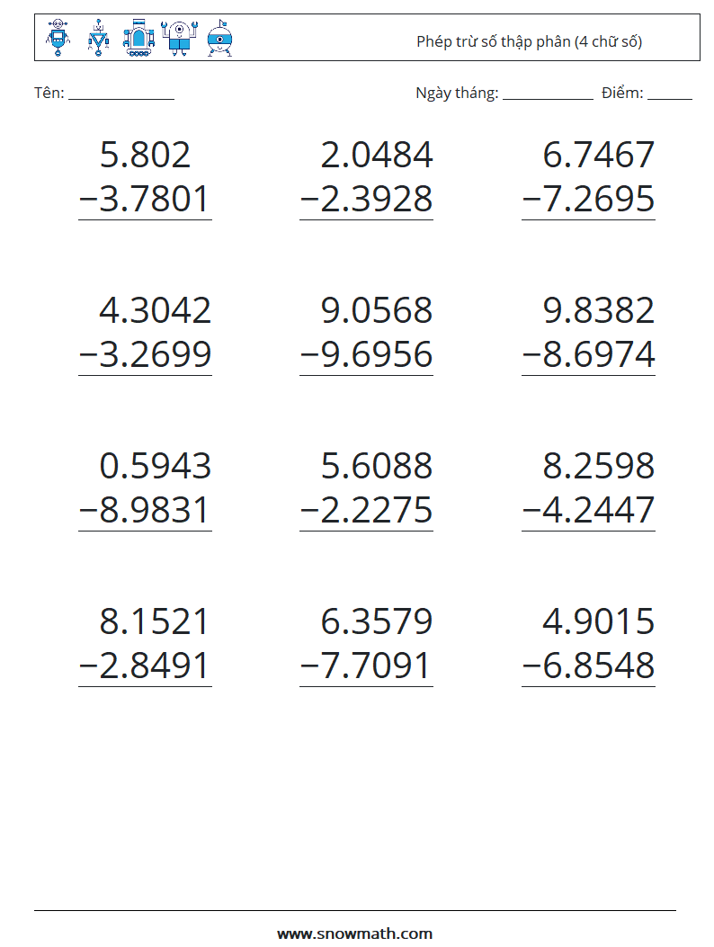 (12) Phép trừ số thập phân (4 chữ số) Bảng tính toán học 12