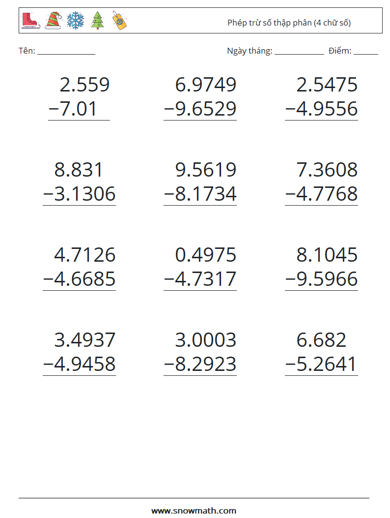(12) Phép trừ số thập phân (4 chữ số) Bảng tính toán học 13