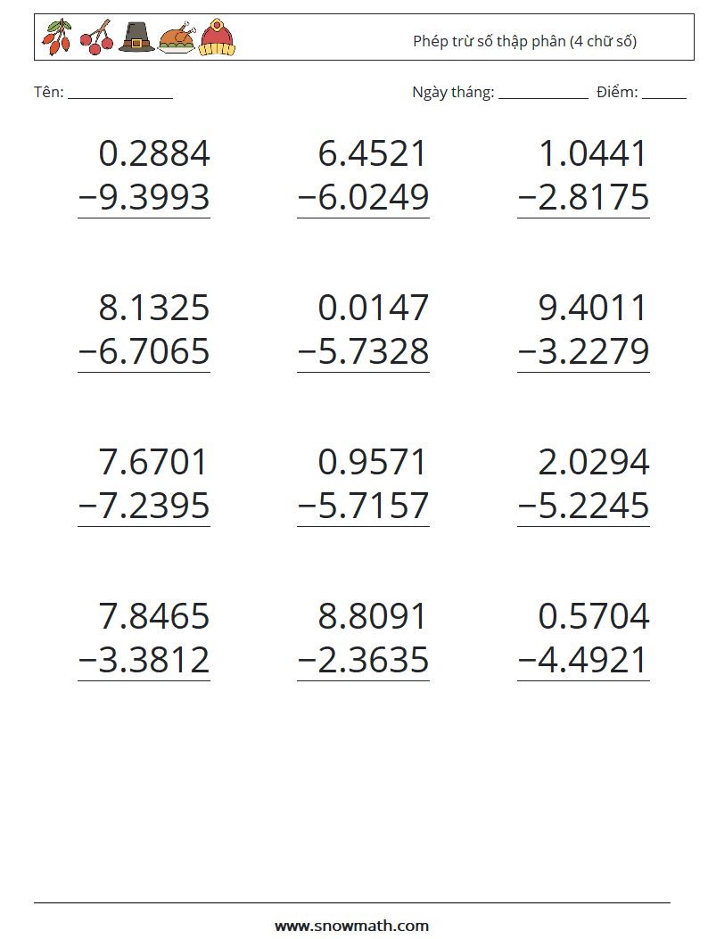 (12) Phép trừ số thập phân (4 chữ số) Bảng tính toán học 14