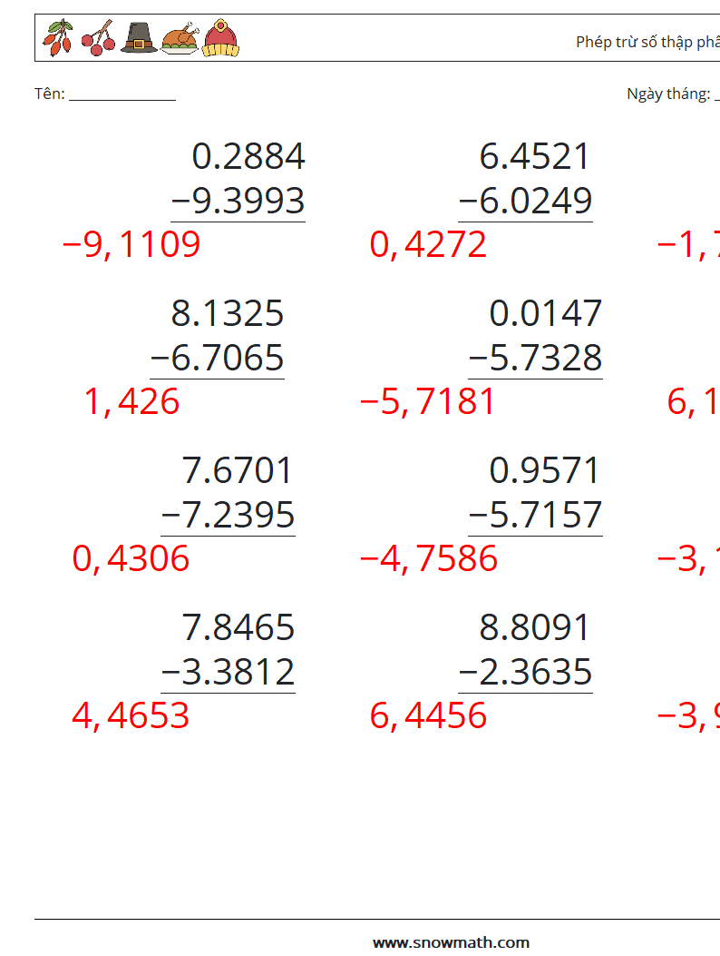 (12) Phép trừ số thập phân (4 chữ số) Bảng tính toán học 14 Câu hỏi, câu trả lời