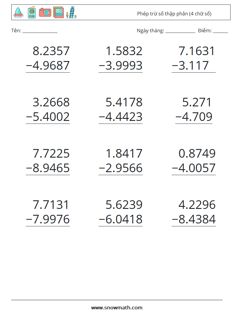 (12) Phép trừ số thập phân (4 chữ số) Bảng tính toán học 17