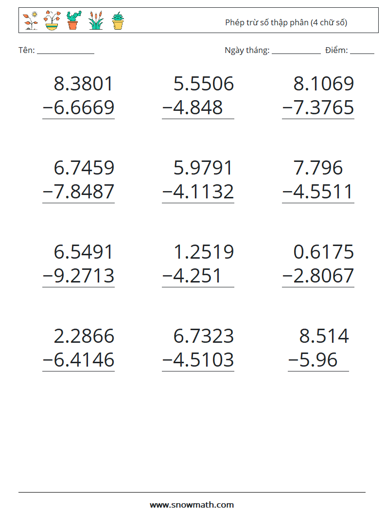 (12) Phép trừ số thập phân (4 chữ số) Bảng tính toán học 2