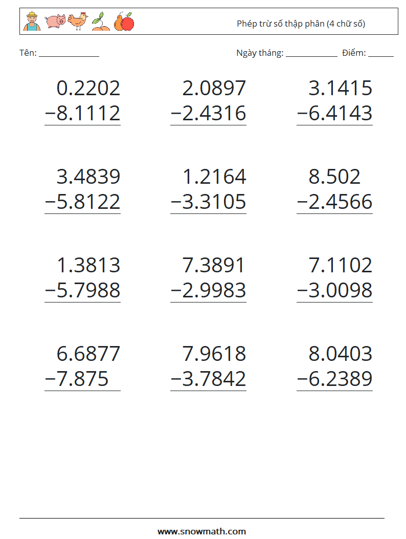 (12) Phép trừ số thập phân (4 chữ số) Bảng tính toán học 3