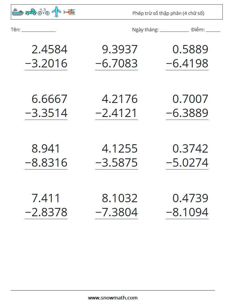 (12) Phép trừ số thập phân (4 chữ số) Bảng tính toán học 4