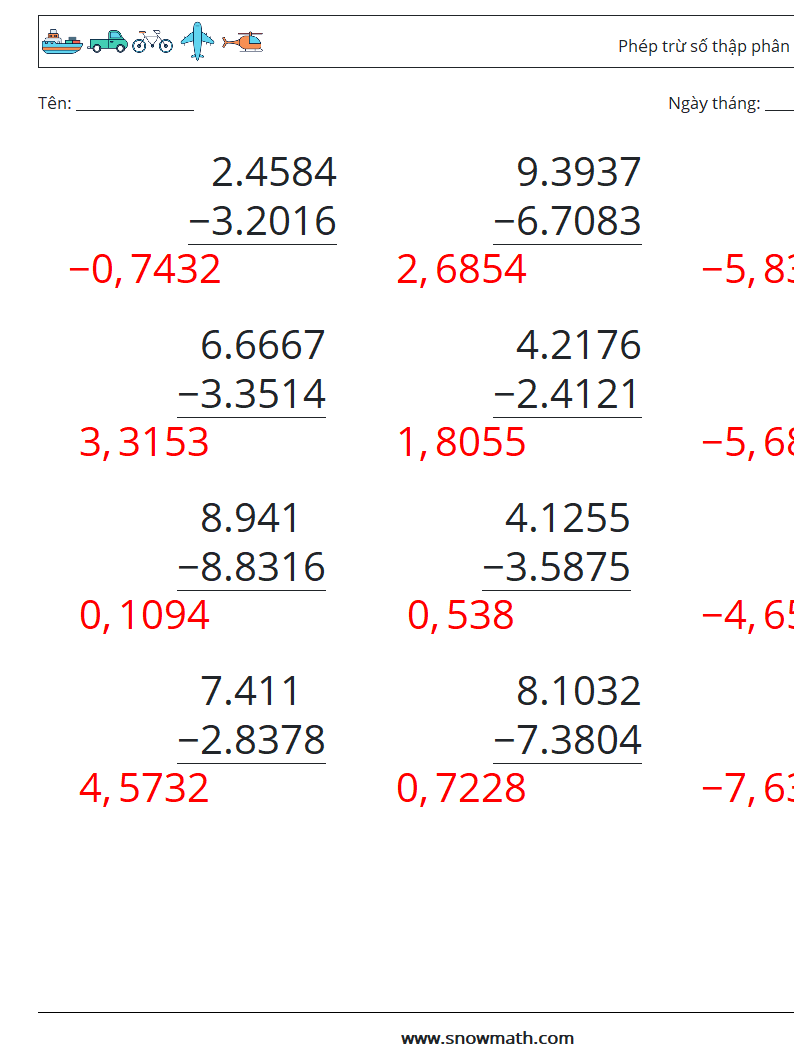 (12) Phép trừ số thập phân (4 chữ số) Bảng tính toán học 4 Câu hỏi, câu trả lời