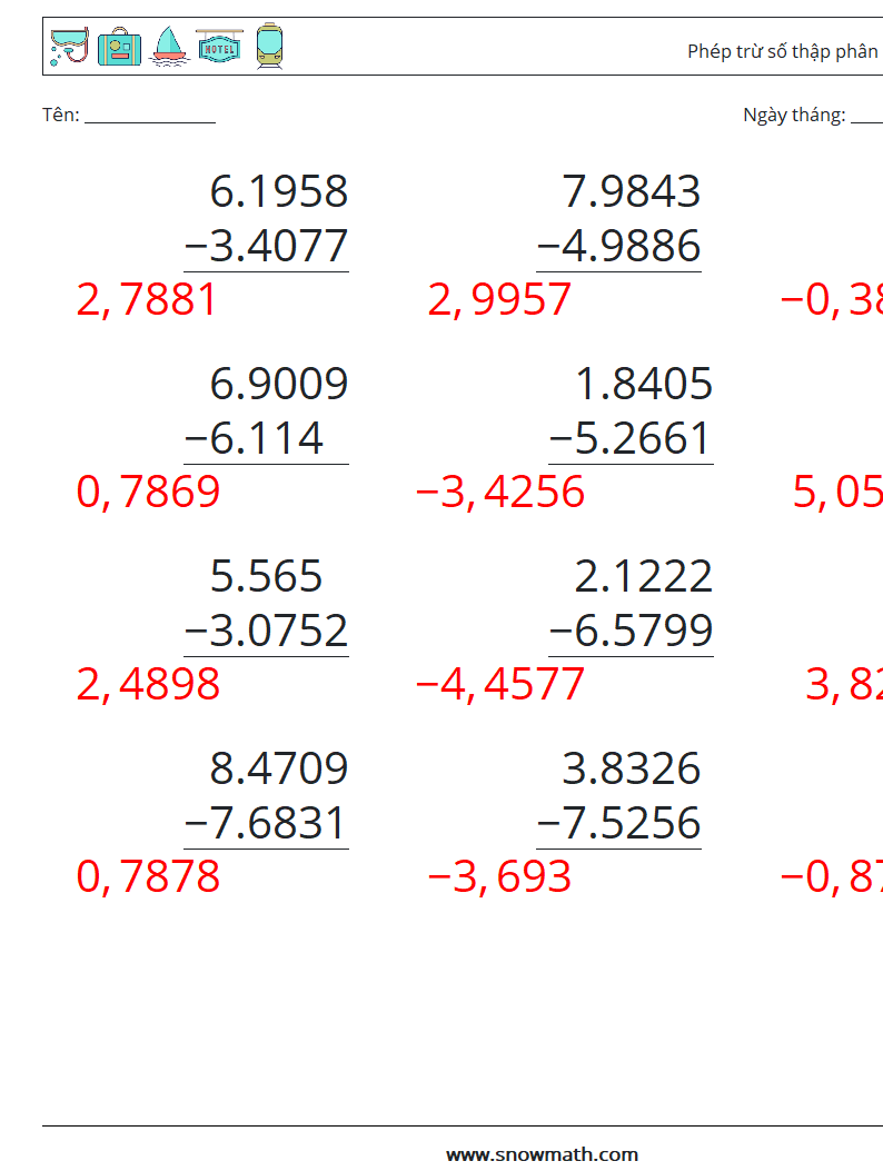 (12) Phép trừ số thập phân (4 chữ số) Bảng tính toán học 6 Câu hỏi, câu trả lời