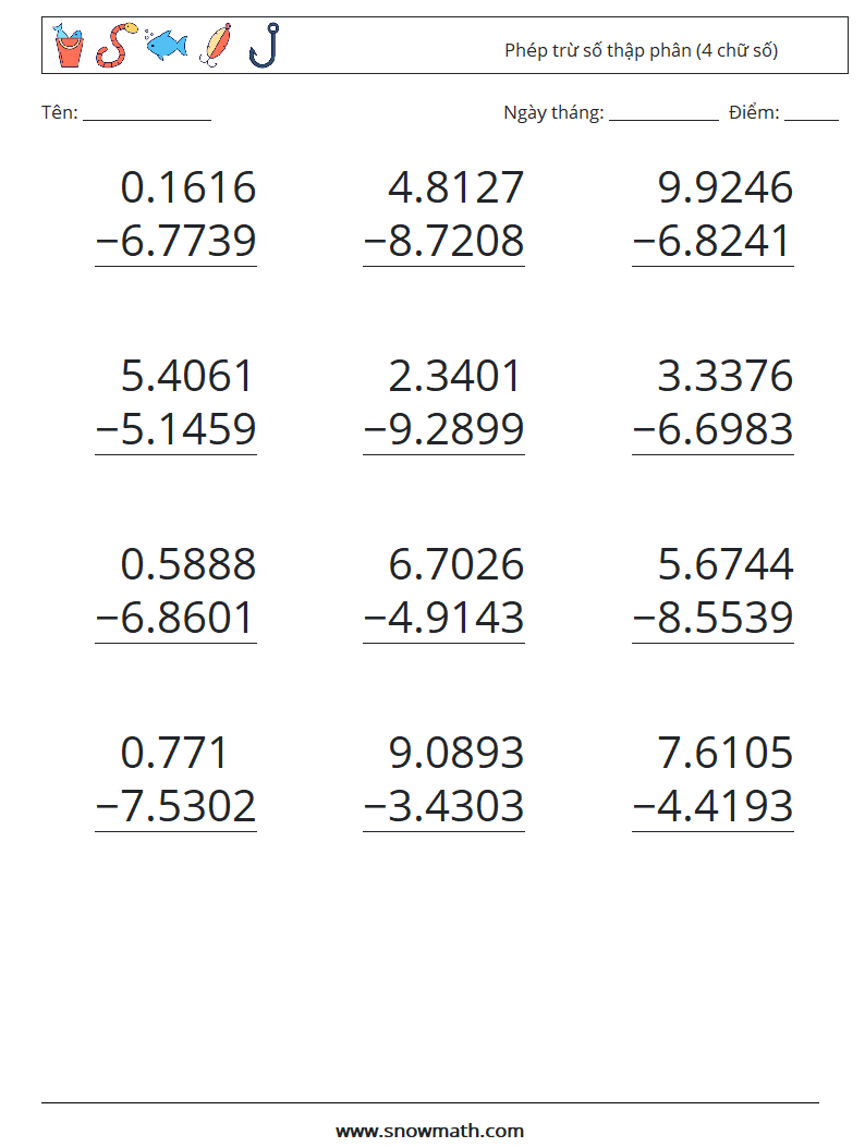 (12) Phép trừ số thập phân (4 chữ số) Bảng tính toán học 7