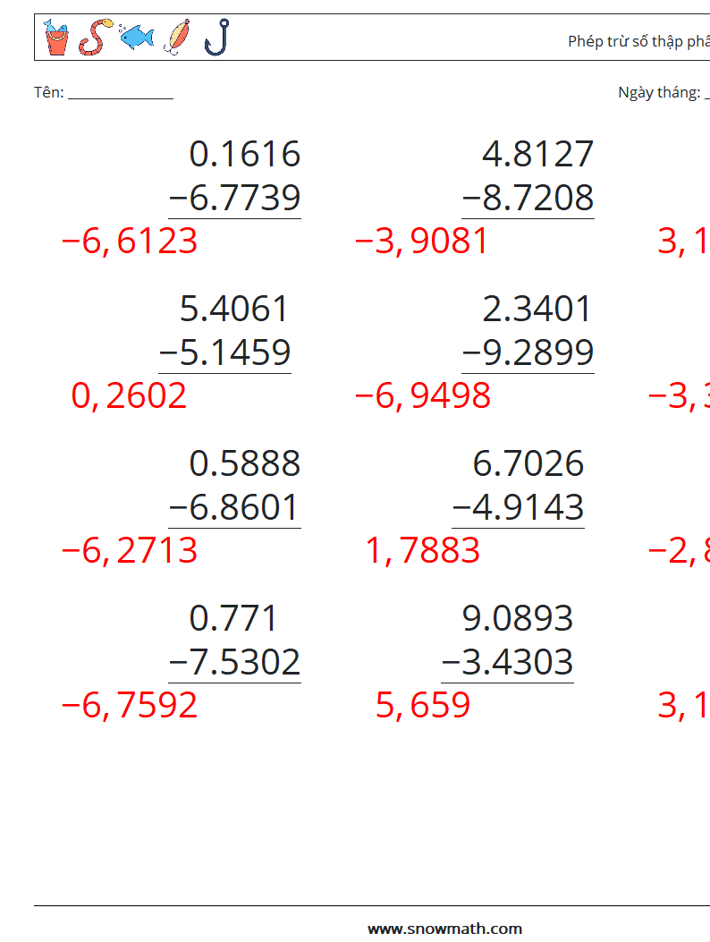 (12) Phép trừ số thập phân (4 chữ số) Bảng tính toán học 7 Câu hỏi, câu trả lời