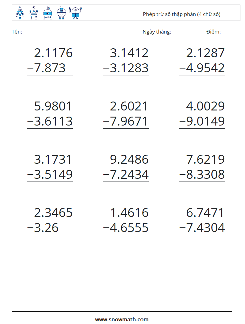 (12) Phép trừ số thập phân (4 chữ số) Bảng tính toán học 8