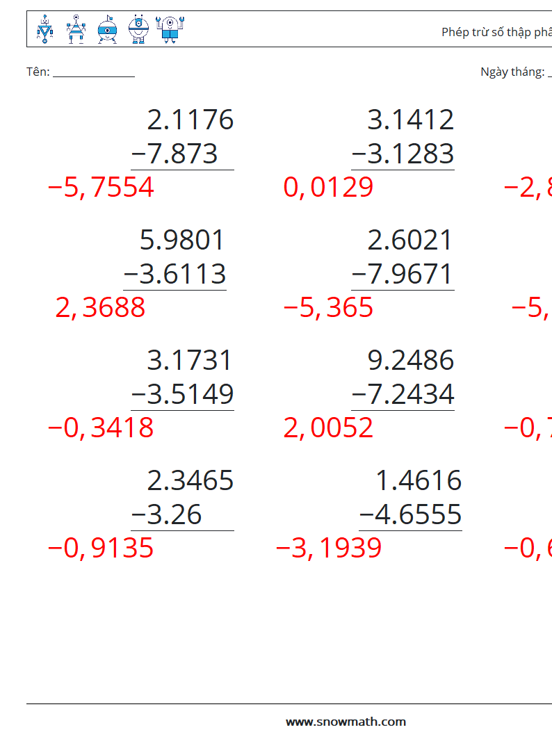 (12) Phép trừ số thập phân (4 chữ số) Bảng tính toán học 8 Câu hỏi, câu trả lời
