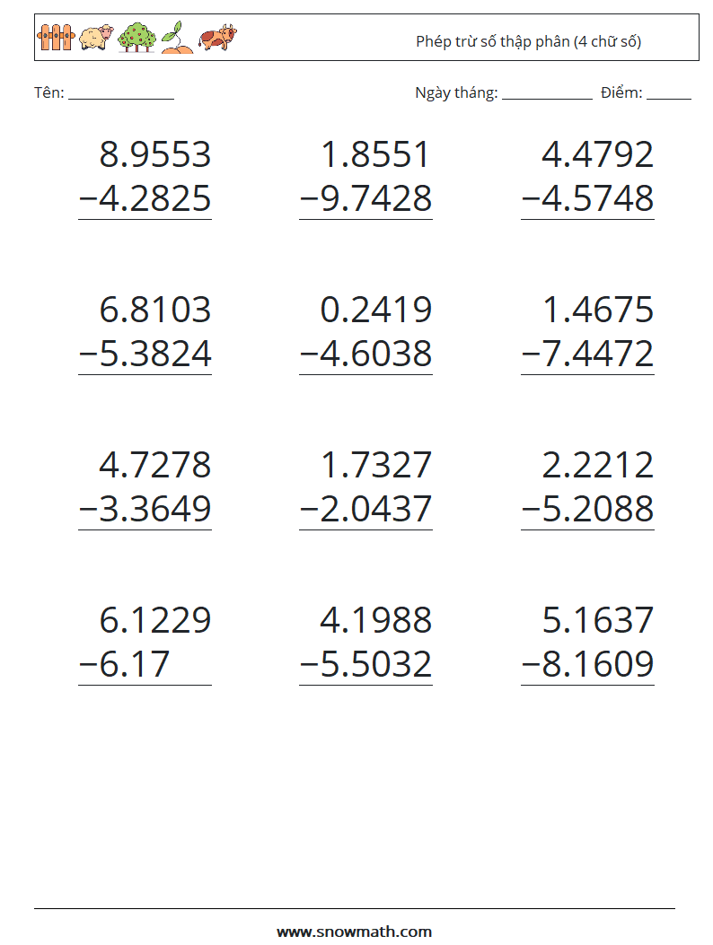 (12) Phép trừ số thập phân (4 chữ số) Bảng tính toán học 9