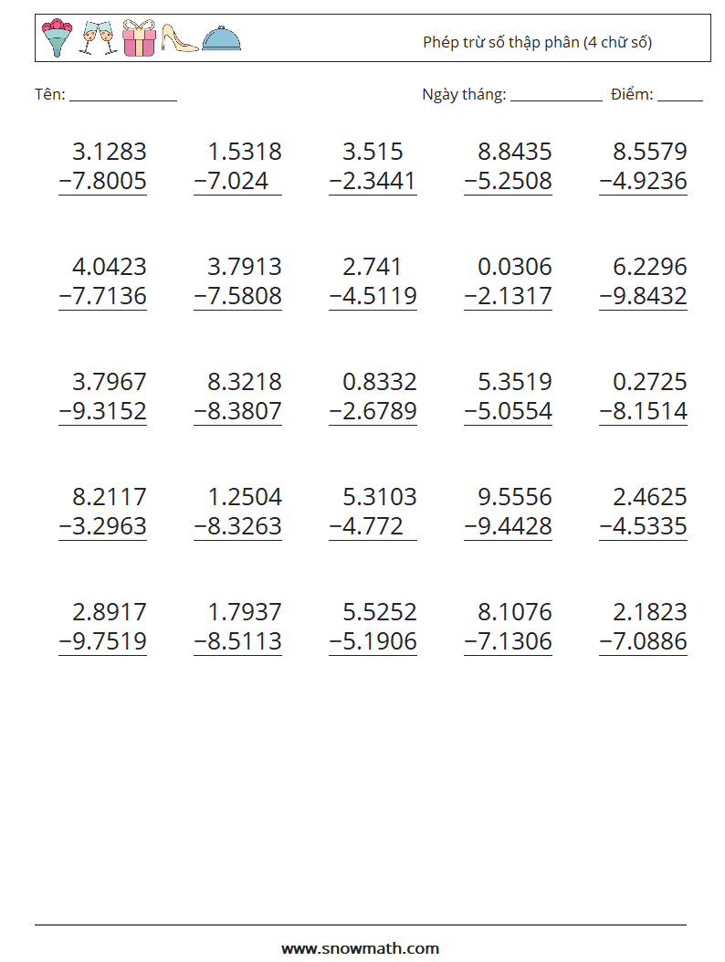 (25) Phép trừ số thập phân (4 chữ số)