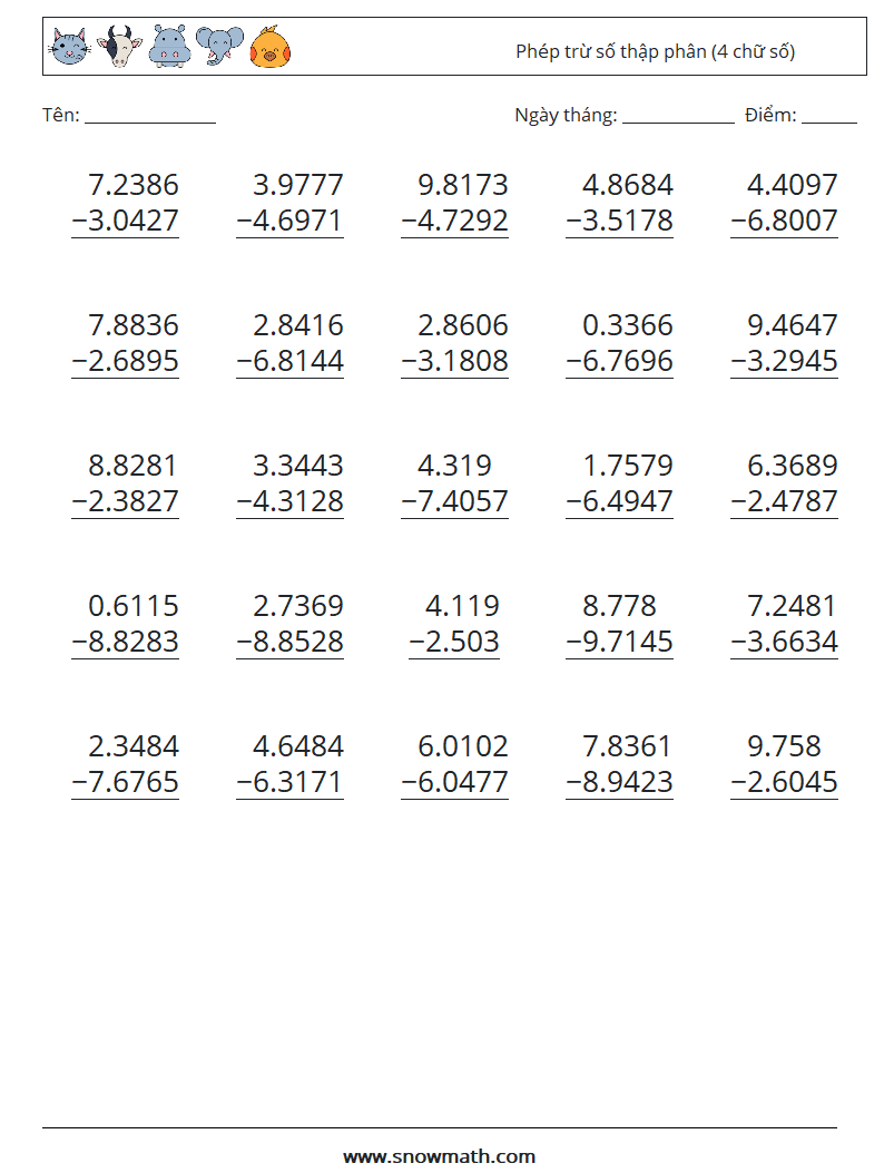 (25) Phép trừ số thập phân (4 chữ số) Bảng tính toán học 12
