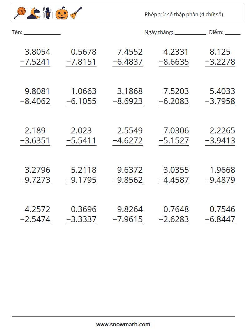 (25) Phép trừ số thập phân (4 chữ số) Bảng tính toán học 13