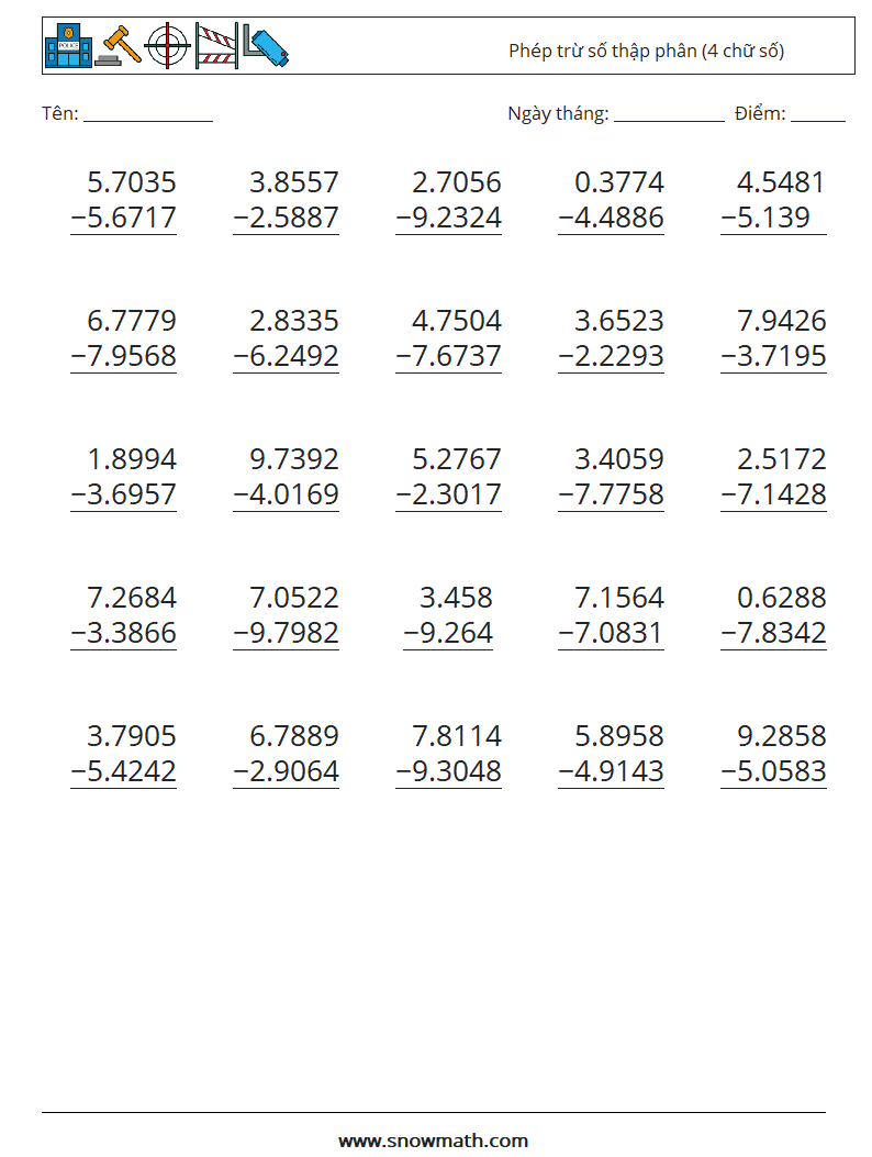 (25) Phép trừ số thập phân (4 chữ số) Bảng tính toán học 14