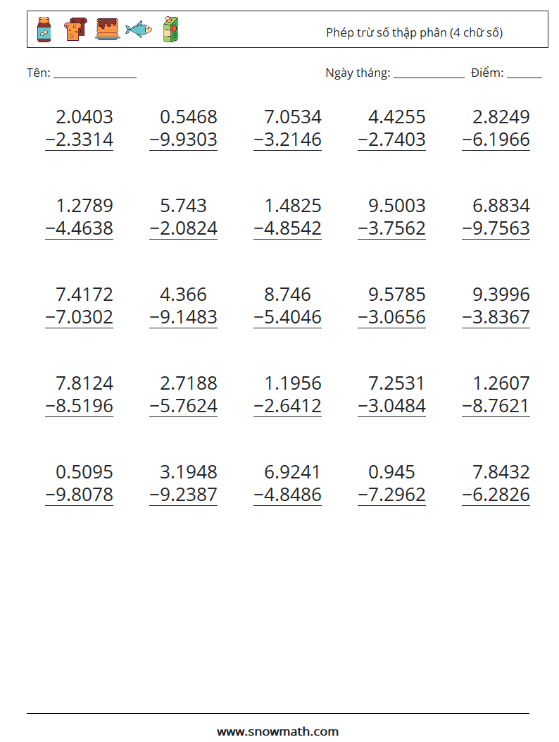 (25) Phép trừ số thập phân (4 chữ số) Bảng tính toán học 17