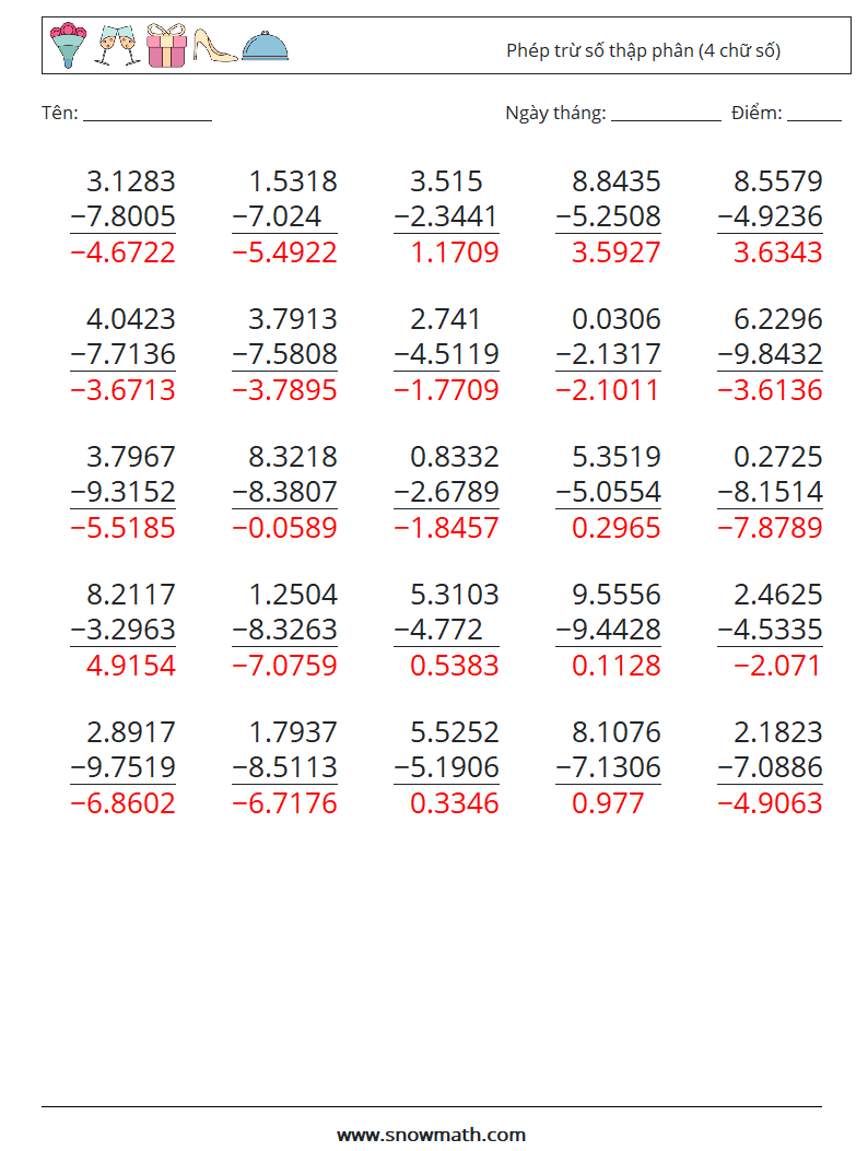 (25) Phép trừ số thập phân (4 chữ số) Bảng tính toán học 1 Câu hỏi, câu trả lời