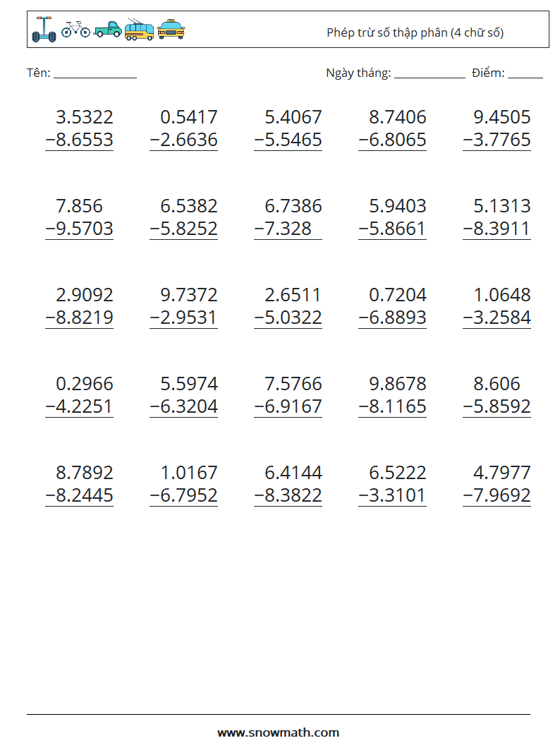 (25) Phép trừ số thập phân (4 chữ số) Bảng tính toán học 5