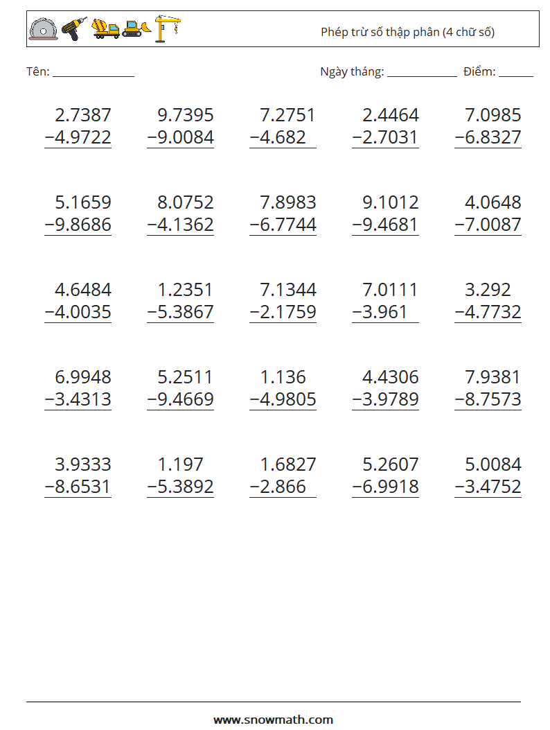 (25) Phép trừ số thập phân (4 chữ số) Bảng tính toán học 6