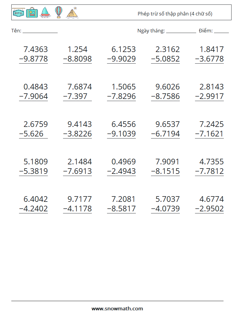 (25) Phép trừ số thập phân (4 chữ số) Bảng tính toán học 9