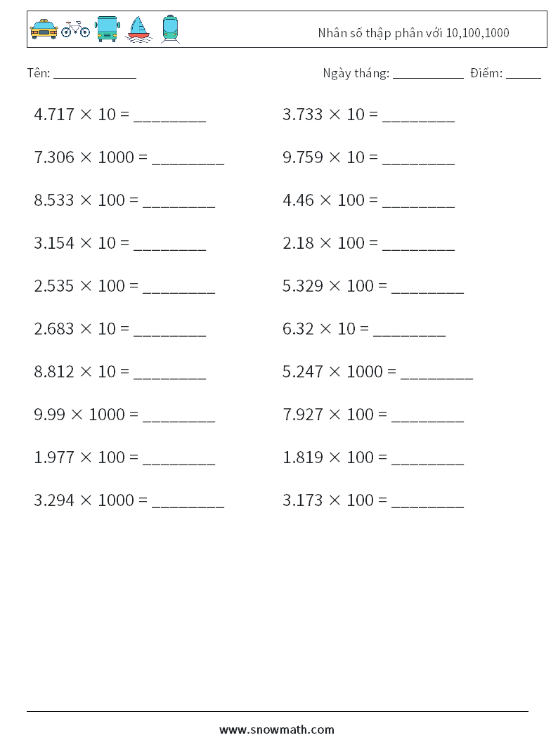 Nhân số thập phân với 10,100,1000 Bảng tính toán học 1