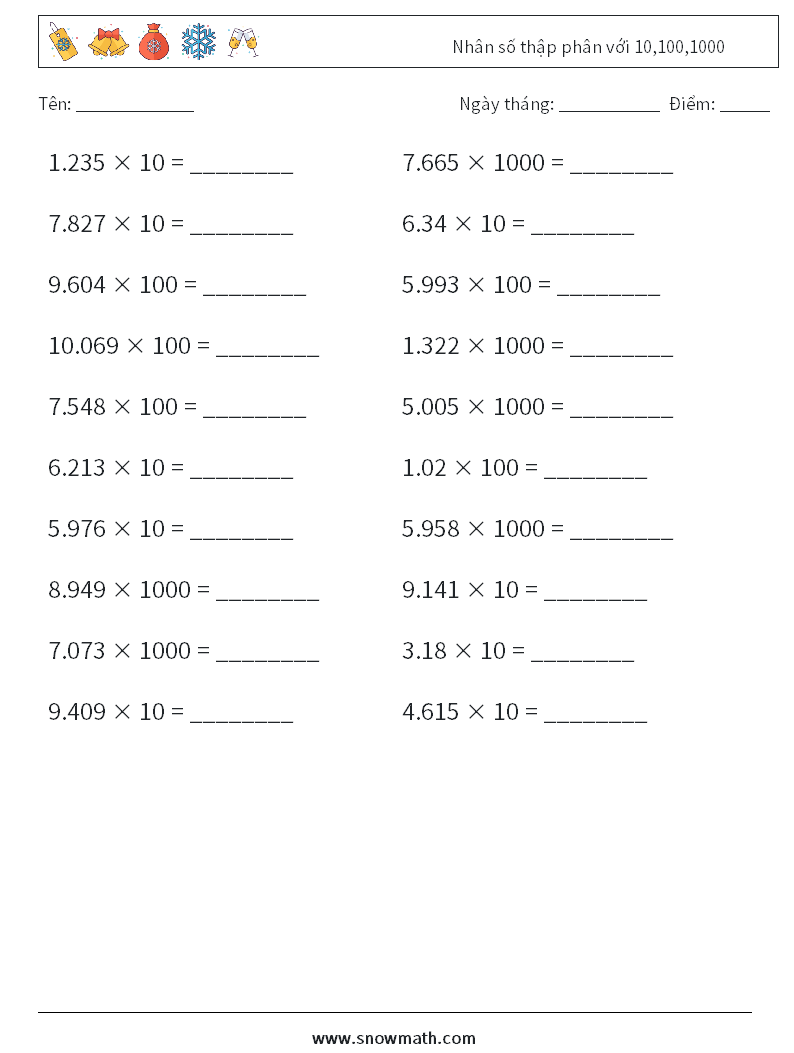 Nhân số thập phân với 10,100,1000 Bảng tính toán học 10