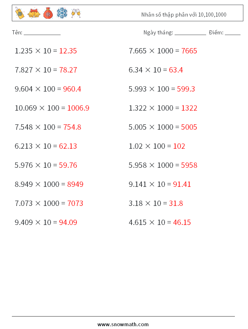 Nhân số thập phân với 10,100,1000 Bảng tính toán học 10 Câu hỏi, câu trả lời