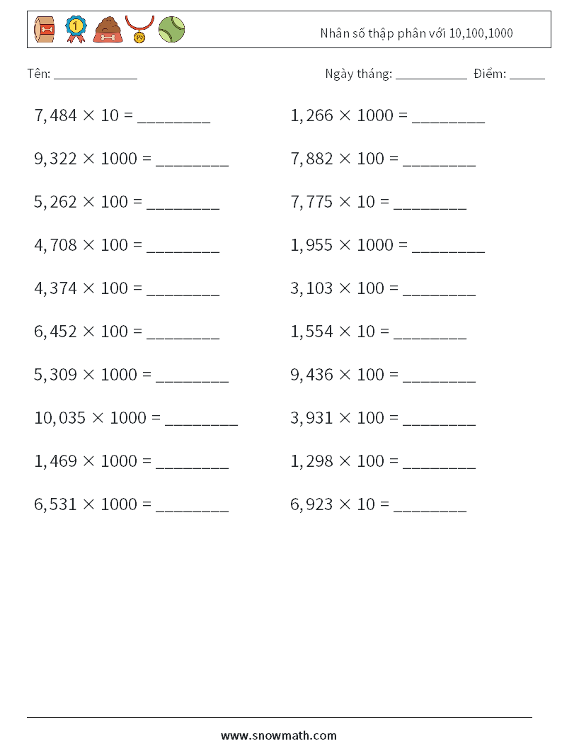 Nhân số thập phân với 10,100,1000 Bảng tính toán học 14