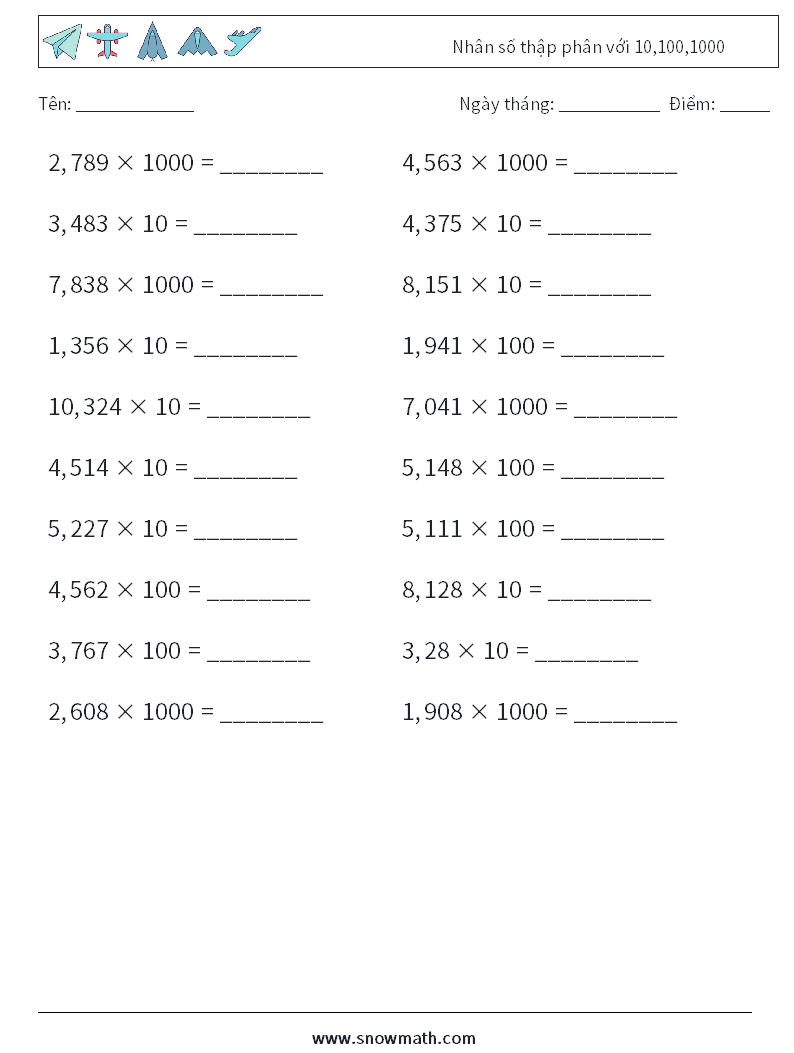 Nhân số thập phân với 10,100,1000 Bảng tính toán học 15