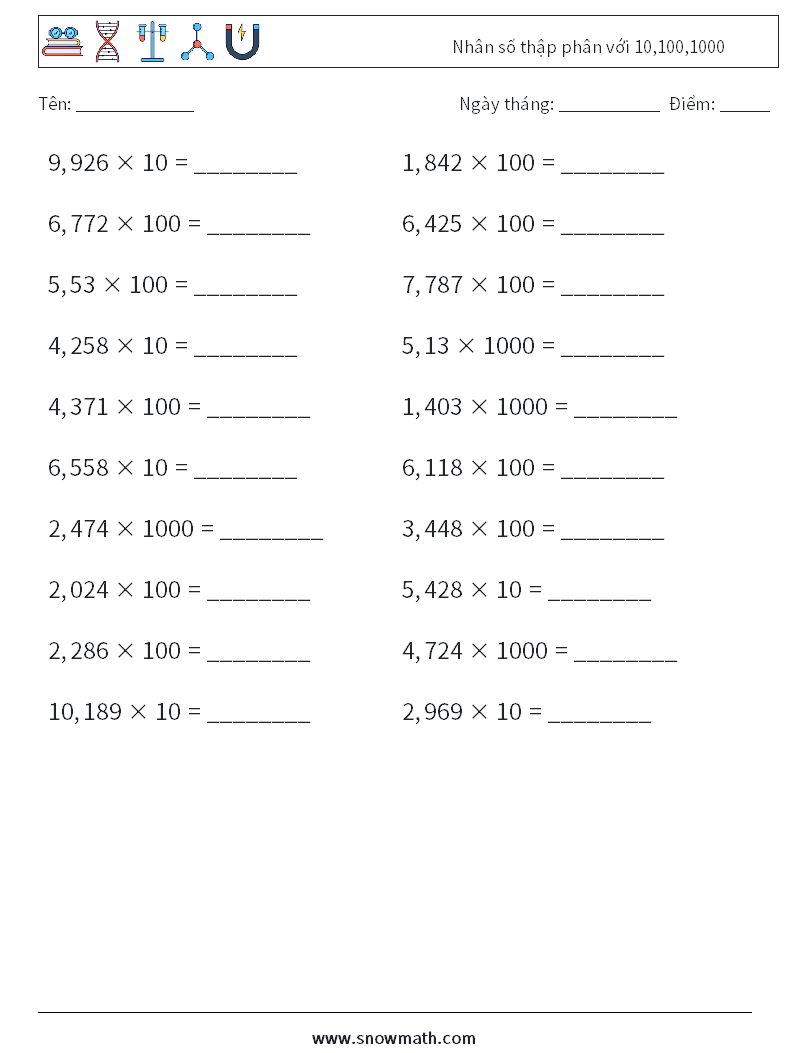 Nhân số thập phân với 10,100,1000 Bảng tính toán học 16