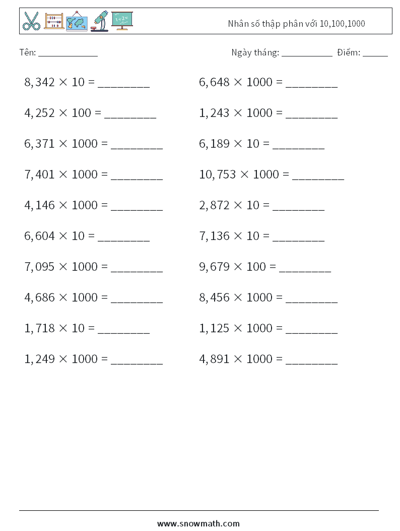 Nhân số thập phân với 10,100,1000 Bảng tính toán học 17