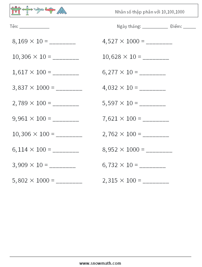 Nhân số thập phân với 10,100,1000 Bảng tính toán học 18