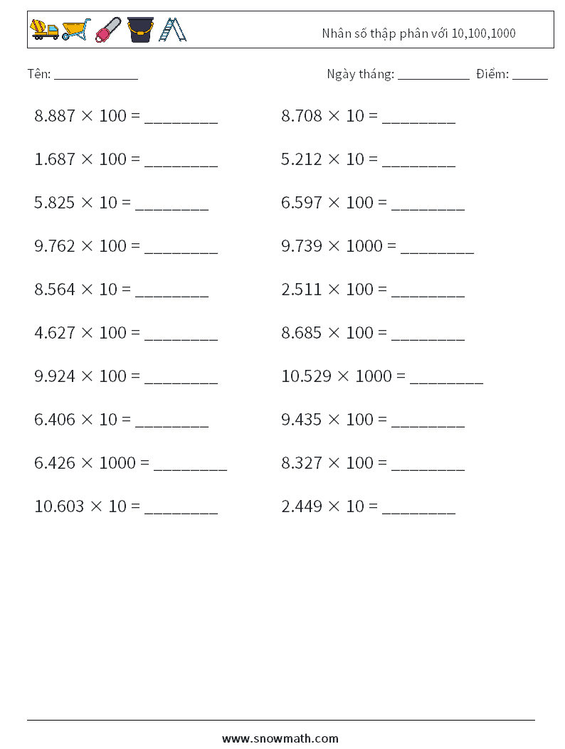 Nhân số thập phân với 10,100,1000 Bảng tính toán học 2