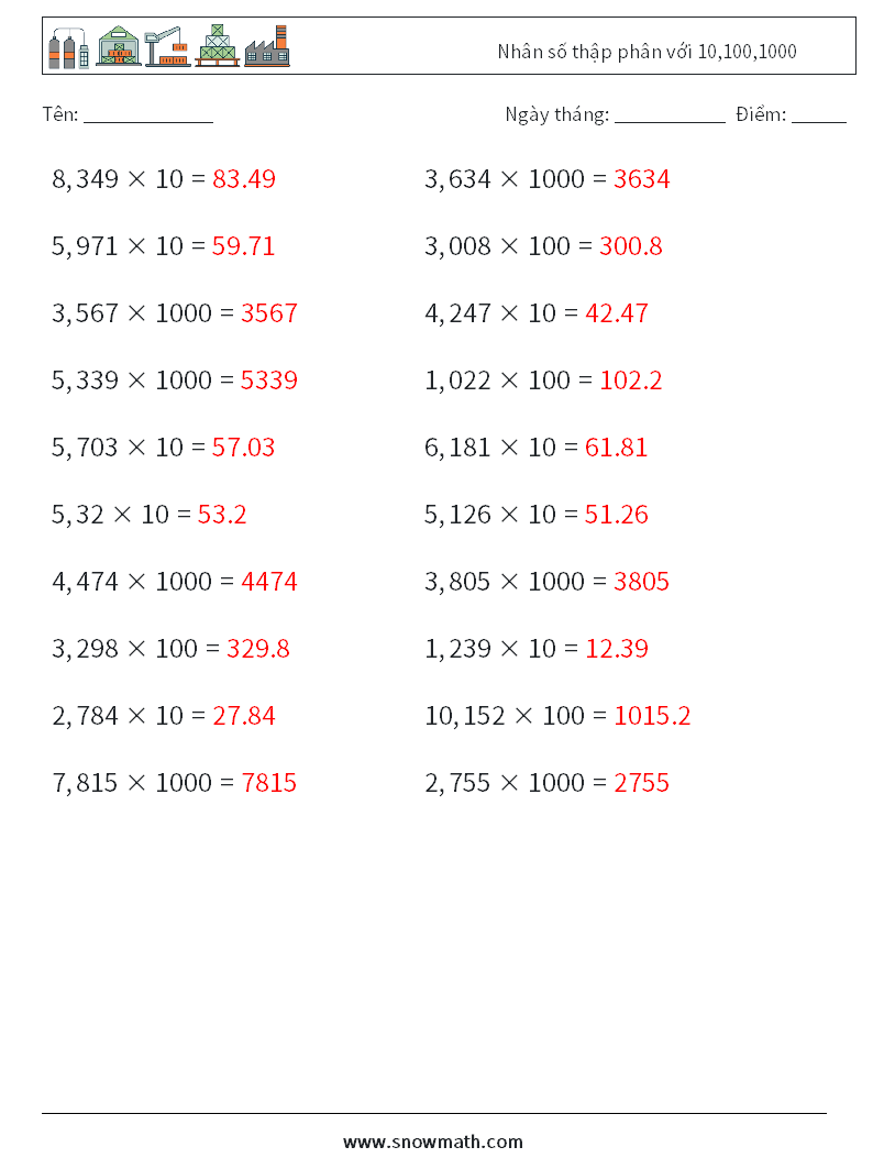 Nhân số thập phân với 10,100,1000 Bảng tính toán học 3 Câu hỏi, câu trả lời