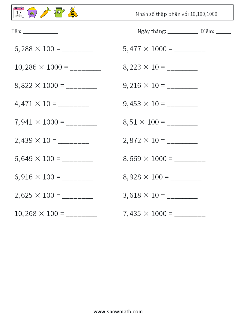 Nhân số thập phân với 10,100,1000 Bảng tính toán học 4