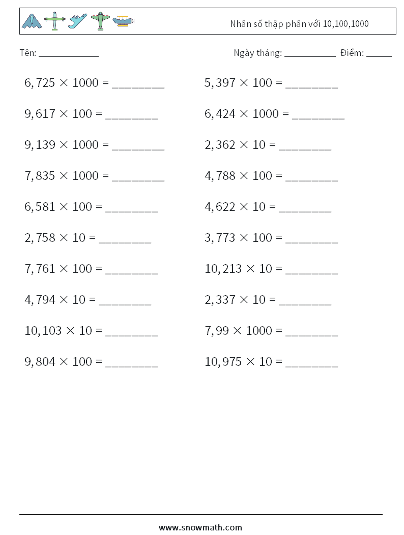 Nhân số thập phân với 10,100,1000 Bảng tính toán học 5