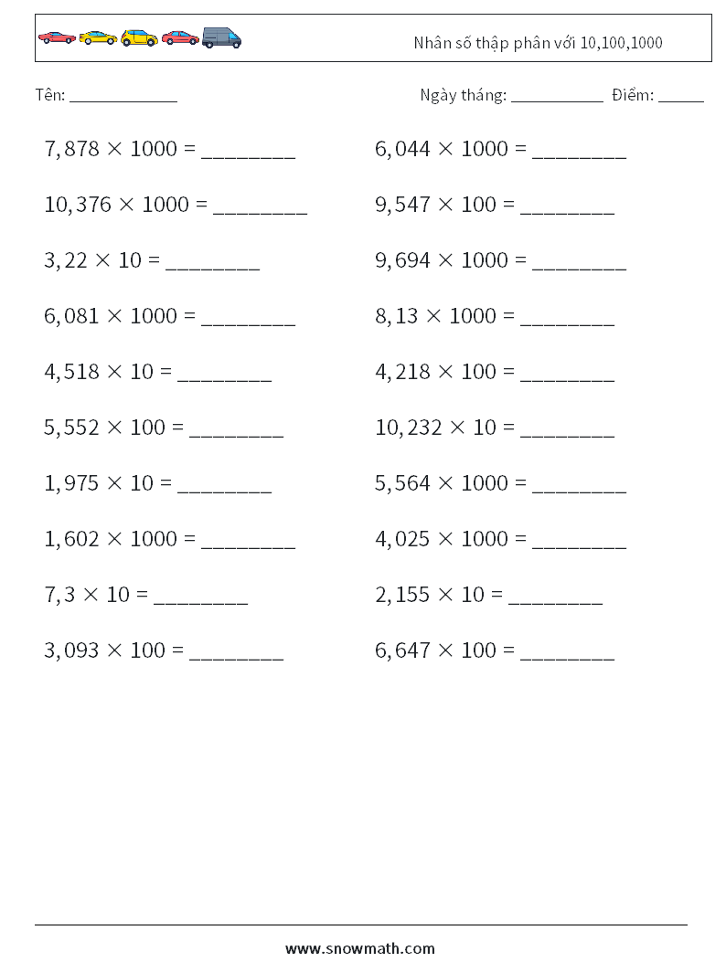 Nhân số thập phân với 10,100,1000 Bảng tính toán học 6