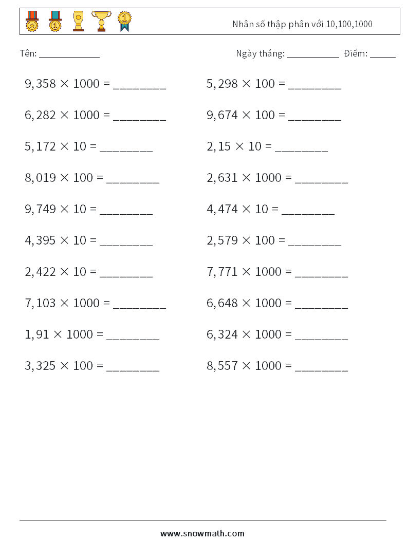 Nhân số thập phân với 10,100,1000 Bảng tính toán học 7