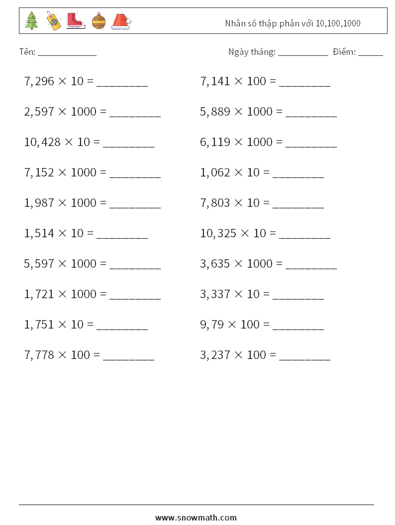 Nhân số thập phân với 10,100,1000 Bảng tính toán học 8