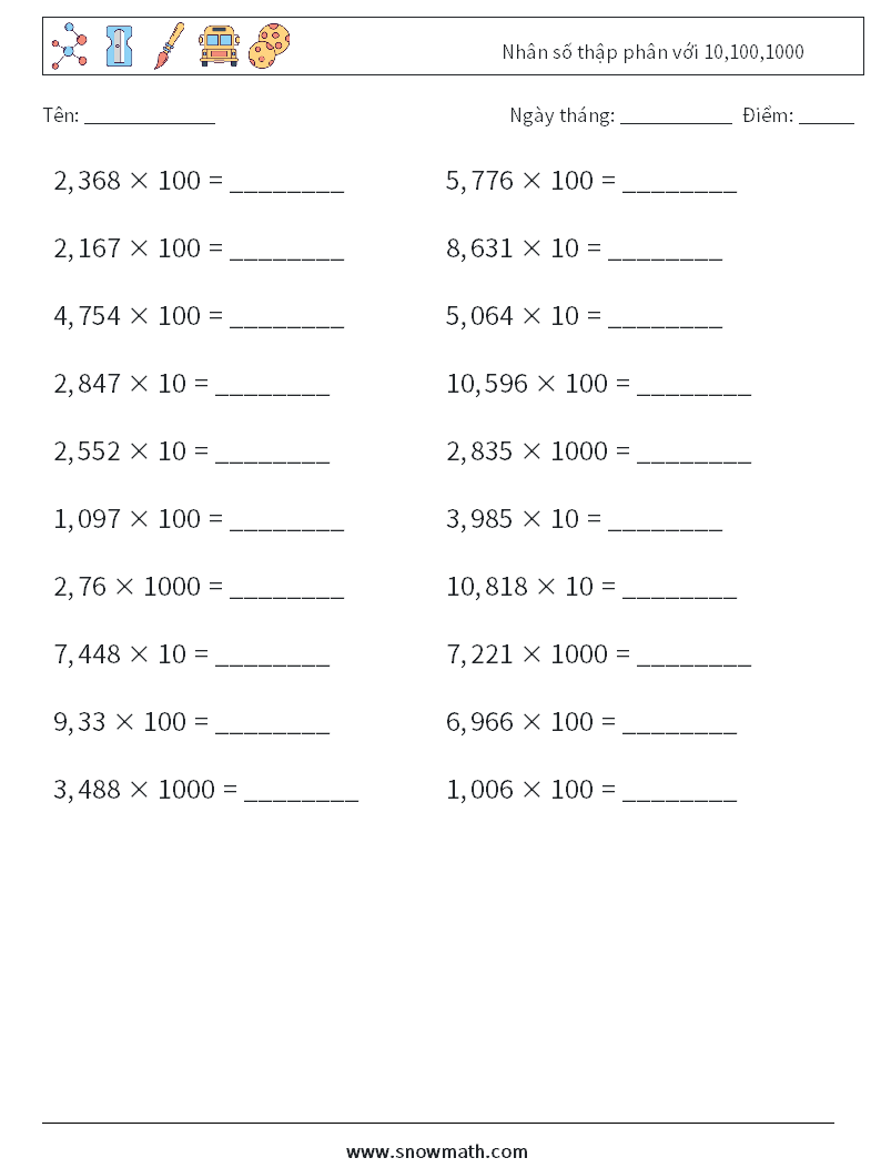 Nhân số thập phân với 10,100,1000 Bảng tính toán học 9