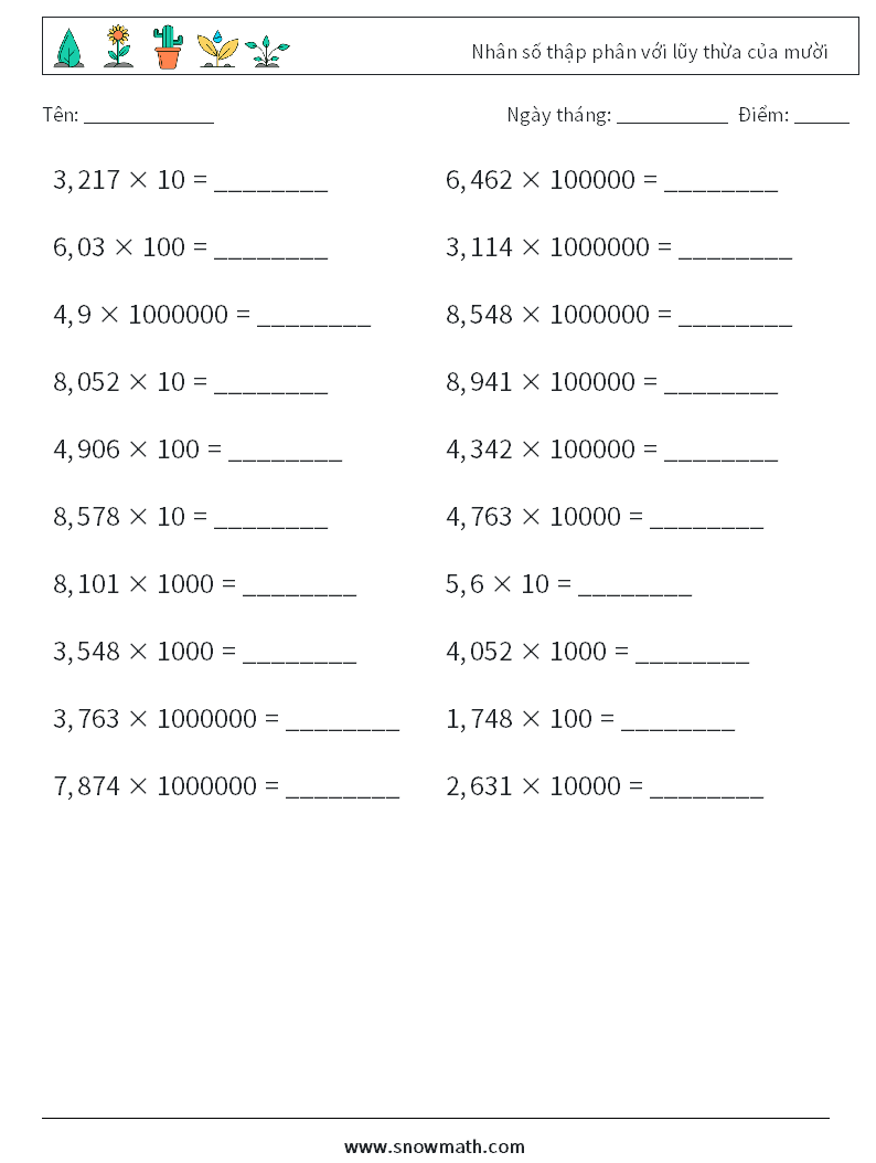 Nhân số thập phân với lũy thừa của mười Bảng tính toán học 11