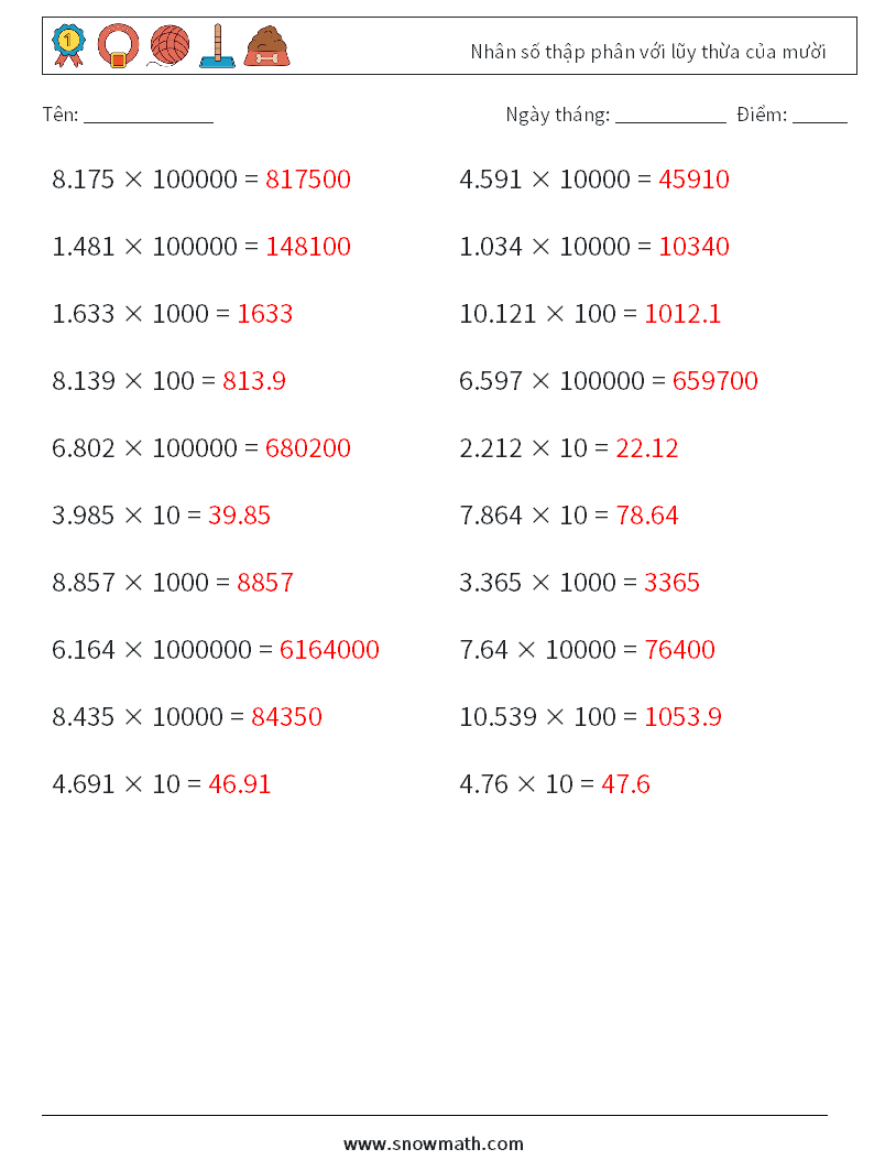 Nhân số thập phân với lũy thừa của mười Bảng tính toán học 1 Câu hỏi, câu trả lời