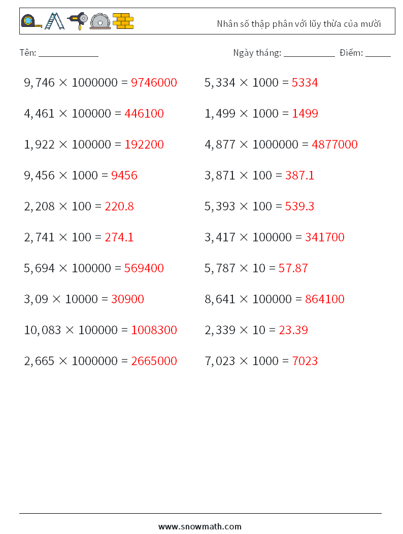 Nhân số thập phân với lũy thừa của mười Bảng tính toán học 4 Câu hỏi, câu trả lời