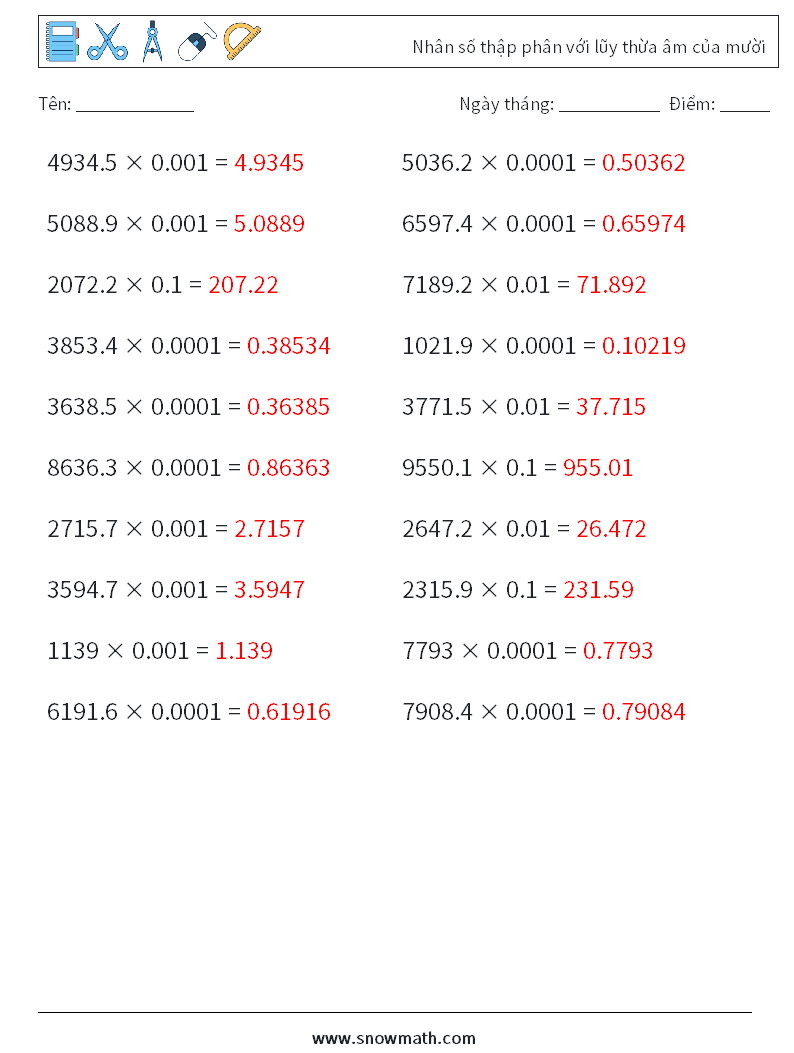 Nhân số thập phân với lũy thừa âm của mười Bảng tính toán học 10 Câu hỏi, câu trả lời