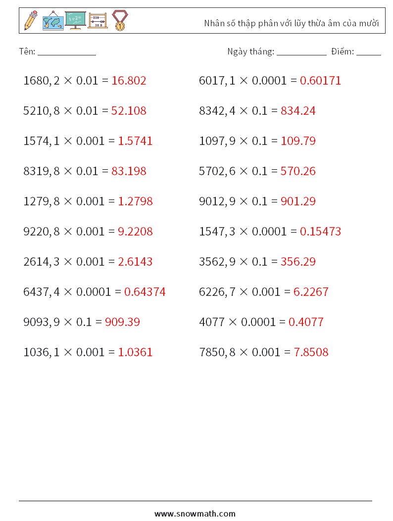Nhân số thập phân với lũy thừa âm của mười Bảng tính toán học 17 Câu hỏi, câu trả lời