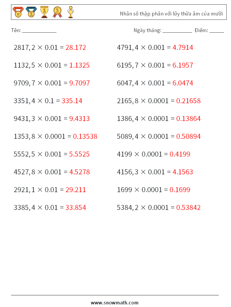 Nhân số thập phân với lũy thừa âm của mười Bảng tính toán học 18 Câu hỏi, câu trả lời