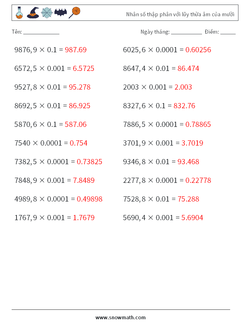 Nhân số thập phân với lũy thừa âm của mười Bảng tính toán học 4 Câu hỏi, câu trả lời