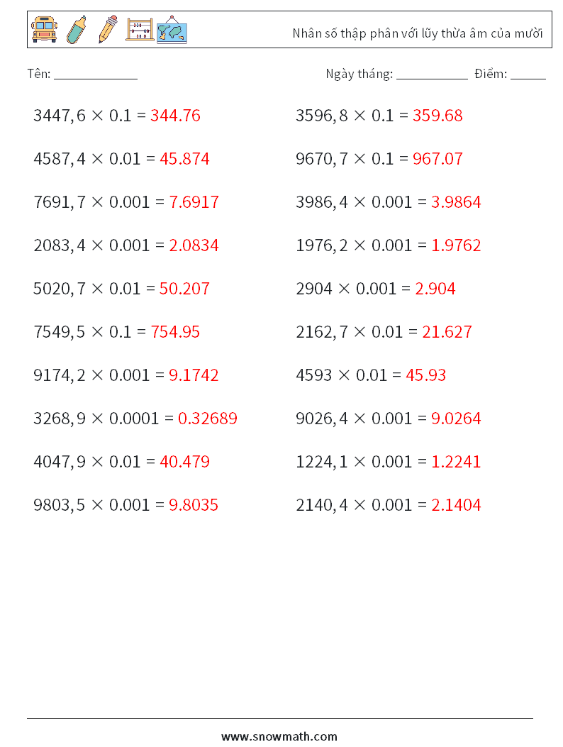 Nhân số thập phân với lũy thừa âm của mười Bảng tính toán học 7 Câu hỏi, câu trả lời