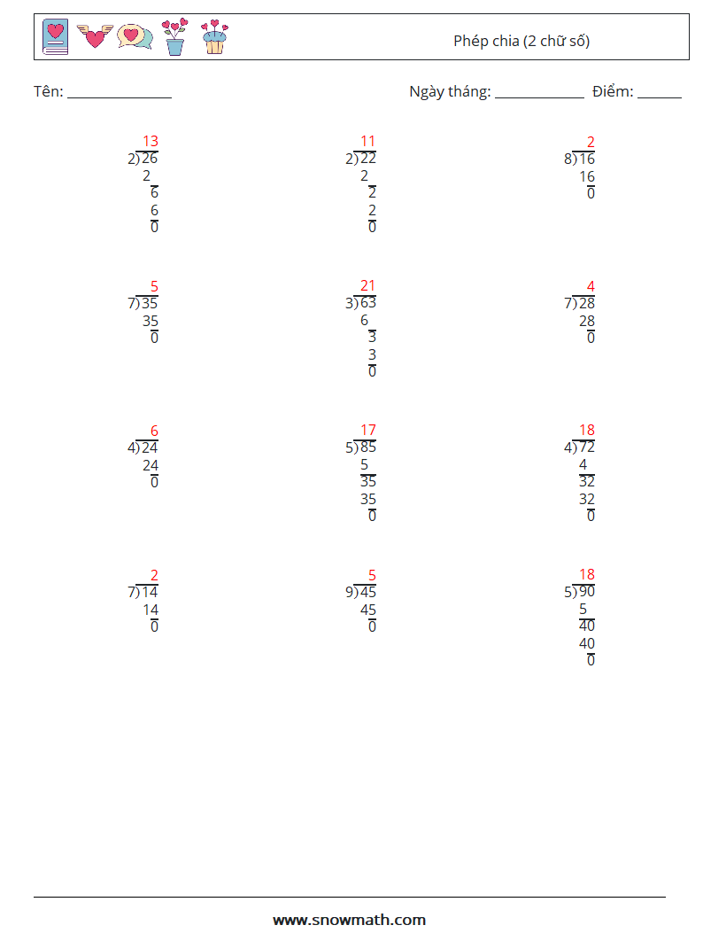(12) Phép chia (2 chữ số) Bảng tính toán học 14 Câu hỏi, câu trả lời